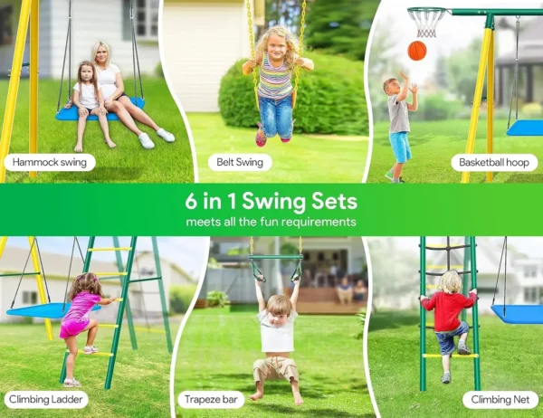 Swing Sets for Backyard, 6 in 1 Swing Sets,Heavy-Duty Metal Swing Sets for Backyard with 2 Swings, Climbing Ladder - Image 2