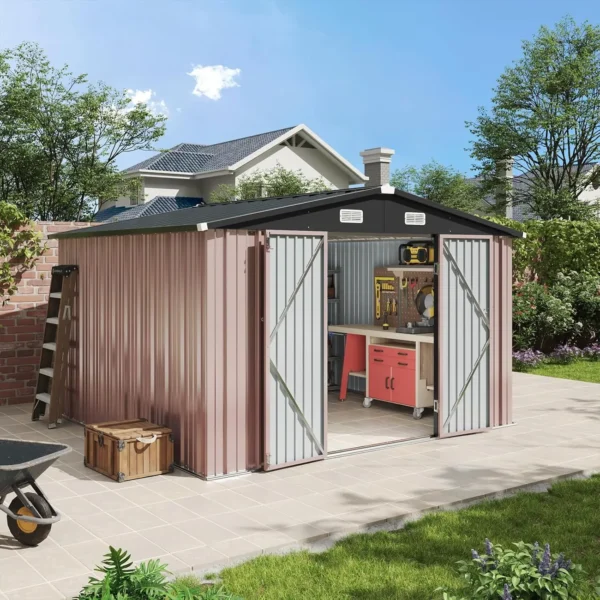 10x10 FT Outdoor Storage Shed Garden Metal Shed with Lockable Door Outdoor Large Shed for Tool, Garbage Can, Bike