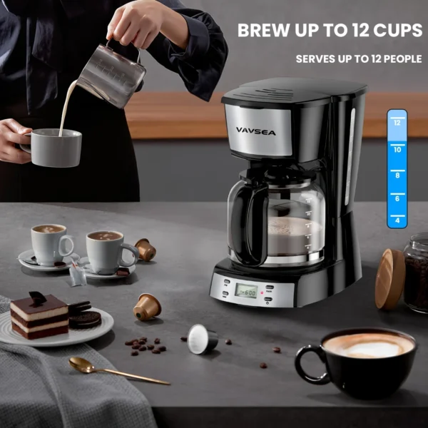 VAVSEA 12 Cup Programmable Coffee Maker, 900W Drip Coffeemaker with Glass Carafe, Auto Shut off, for Home Black - Image 2