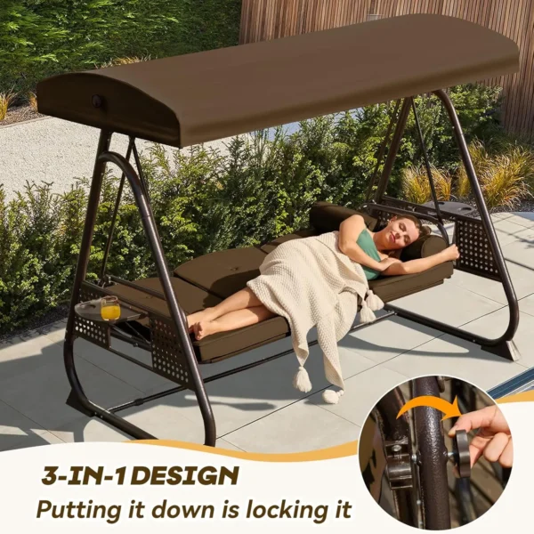 3 in 1 Outdoor Porch Swing with Adjustable Canopy, 3 Seat Outdoor Swing for Adults, Patio Swing Chair with Thickened Cushions - Image 3