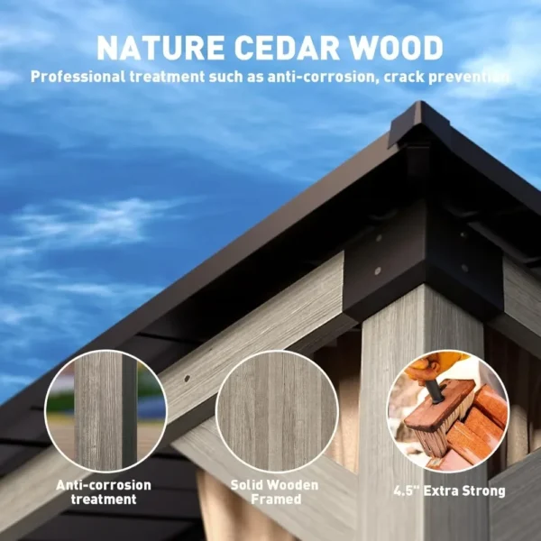 12'x20' Outdoor Cedar Wood Gazebo,2-Tier Metal Hardtop Wooden Frame Gazebo for Patio with Privacy Curtains and Mosquito Nettings - Image 2