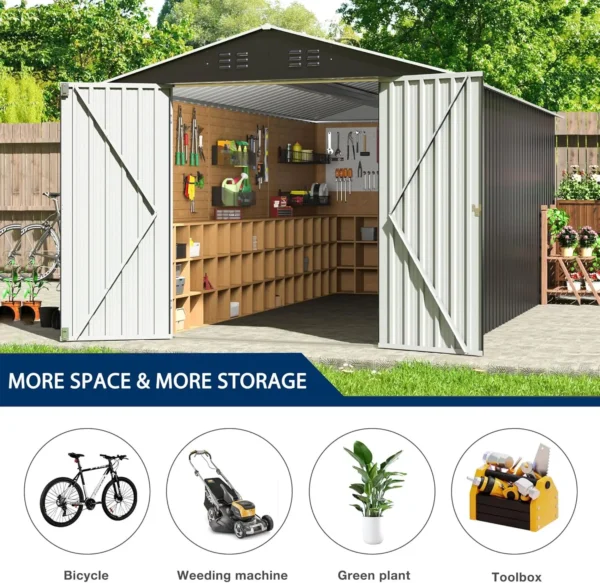 Outdoor Steel Storage Shed with Updated Frame Structure and Lockable Doors, Metal Shed Upgrade Height Ideal for Garden, - Image 3