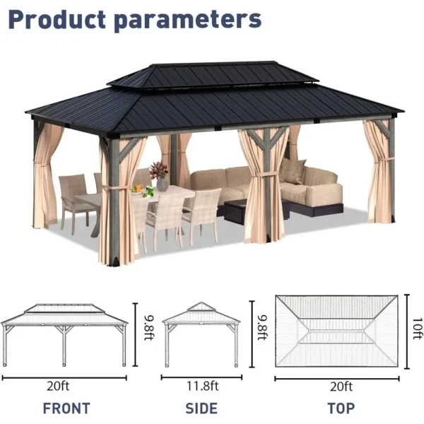 12'x20' Outdoor Cedar Wood Gazebo,2-Tier Metal Hardtop Wooden Frame Gazebo for Patio with Privacy Curtains and Mosquito Nettings - Image 6