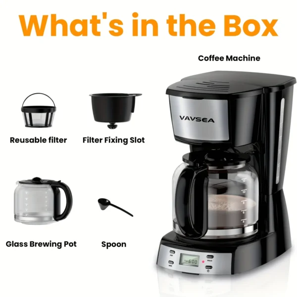 VAVSEA 12 Cup Programmable Coffee Maker, 900W Drip Coffeemaker with Glass Carafe, Auto Shut off, for Home Black - Image 4