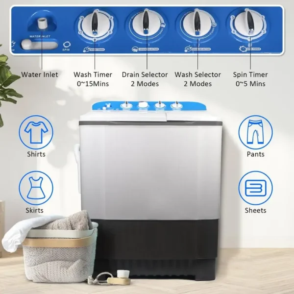 Portable Washing Machine Twin Tub Washer Dryer Combo 24lbs Capacity Easy to Use Lightweight Quick Drain Ideal Camping Dorms - Image 6