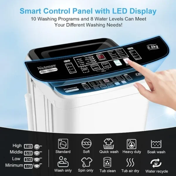 Nictemaw Portable Washing Machine, 17.6Lbs Capacity Portable Washer with Drain Pump, 10 Wash Programs LED Display 8 Water Levels - Image 3