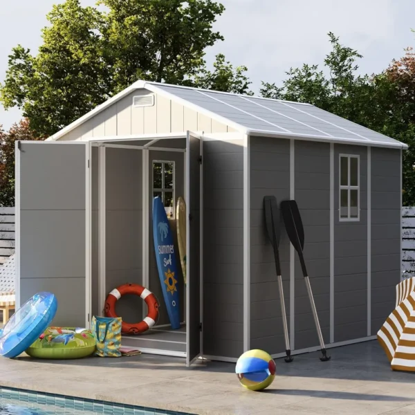 8 x 8 FT Outdoor Storage Shed, Resin Garden Sheds Plastic Patio Outdoor Storage with Lockable Door for Tool, Bike, Garbage Can