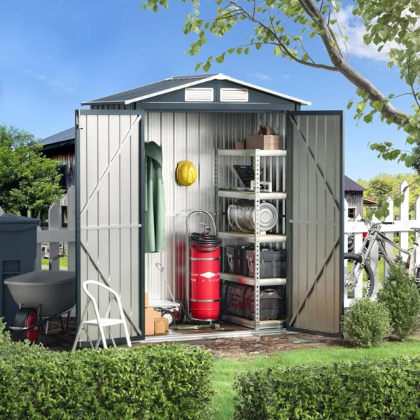 5x3X6.3FT Outdoor Steel Storage Shed with Lockable Doors and Frame Flooring, Compact Small Bike Shed