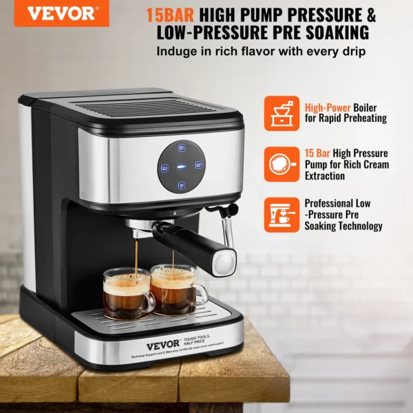 VEVOR Espresso Machine 15 Bar Coffee and Espresso Maker with Milk Frother Steam Wand Professional Semi-Automatic Latte Machine - Image 2