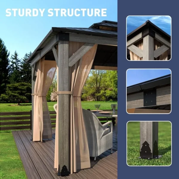 12'x20' Outdoor Cedar Wood Gazebo,2-Tier Metal Hardtop Wooden Frame Gazebo for Patio with Privacy Curtains and Mosquito Nettings - Image 5
