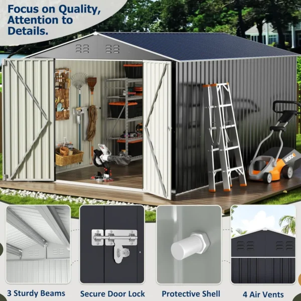 Outdoor Steel Storage Shed with Updated Frame Structure and Lockable Doors, Metal Shed Upgrade Height Ideal for Garden, - Image 5