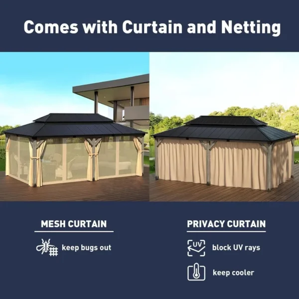 12'x20' Outdoor Cedar Wood Gazebo,2-Tier Metal Hardtop Wooden Frame Gazebo for Patio with Privacy Curtains and Mosquito Nettings - Image 4