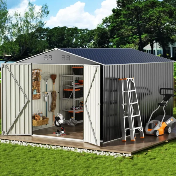 Outdoor Steel Storage Shed with Updated Frame Structure and Lockable Doors, Metal Shed Upgrade Height Ideal for Garden,