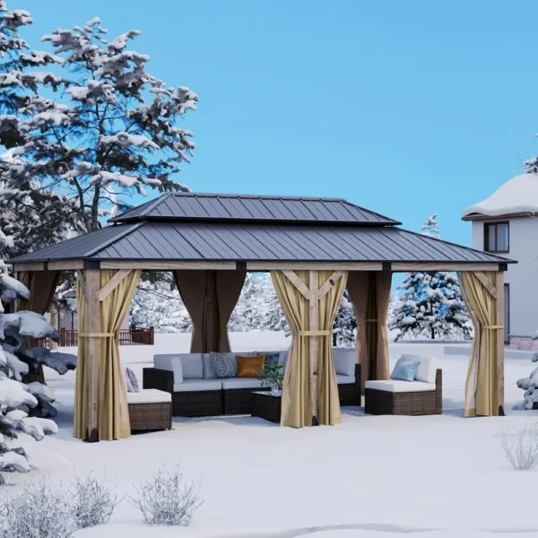 12'x20' Outdoor Cedar Wood Gazebo,2-Tier Metal Hardtop Wooden Frame Gazebo for Patio with Privacy Curtains and Mosquito Nettings