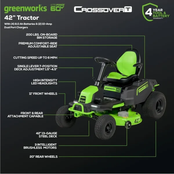 60V 42” Cordless Electric CrossoverT Riding Mower (4) 8.0Ah Batteries and (2) Dual Port Turbo Chargers - Image 3