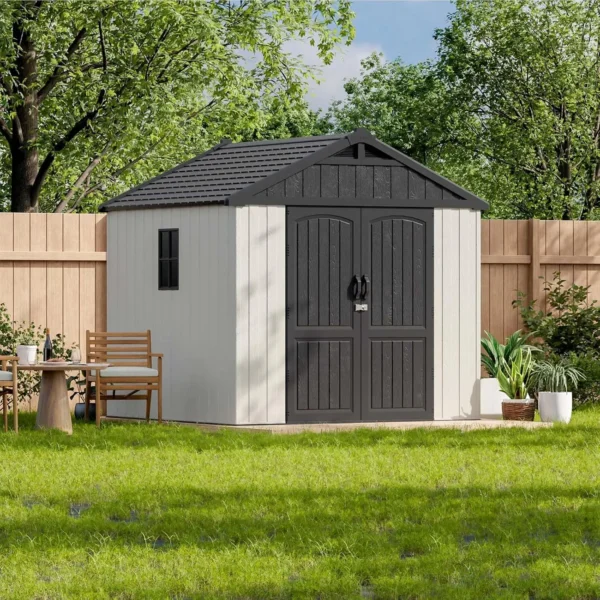 8x8 FT Storage Shed, Plastic Shed Resin Garden Tool Shed with Floor & Two Windows & Lockable Door for Patio Furniture,Beige