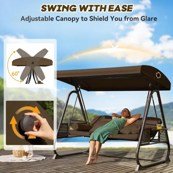 3 in 1 Outdoor Porch Swing with Adjustable Canopy, 3 Seat Outdoor Swing for Adults, Patio Swing Chair with Thickened Cushions - Image 4