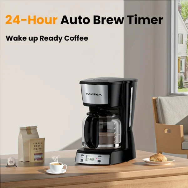 VAVSEA 12 Cup Programmable Coffee Maker, 900W Drip Coffeemaker with Glass Carafe, Auto Shut off, for Home Black - Image 3