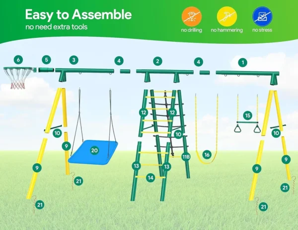 Swing Sets for Backyard, 6 in 1 Swing Sets,Heavy-Duty Metal Swing Sets for Backyard with 2 Swings, Climbing Ladder - Image 5