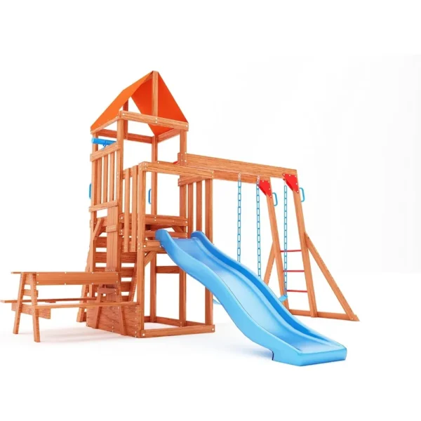 Wooden Swing Sets for Backyard, with Monkey Bar, 2 in 1 Outdoor Table, Wave Slide, Climbing Wall, and 2 Belt Patio Swings