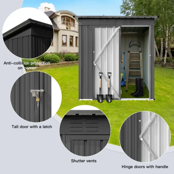 5ft×4ft Outdoor Storage Sheds Grey Compact Outdoor Storage Shed Durable Small Garden Tool Storage Single Lockable Door - Image 4