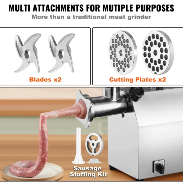VEVOR Electric Meat Grinder Food Processors Sausage Maker Filler Mincer Stuffer Stainless Steel with 2 Blades for Home Kitchen - Image 4