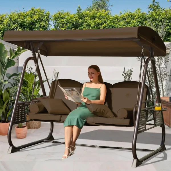 3 in 1 Outdoor Porch Swing with Adjustable Canopy, 3 Seat Outdoor Swing for Adults, Patio Swing Chair with Thickened Cushions