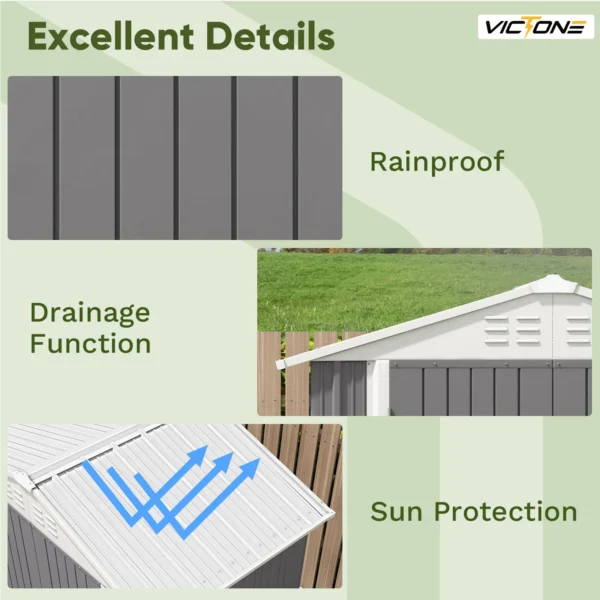Victone 6' x 4' Metal Outdoor Storage Shed, Steel Utility Tool Shed Storage House with Door & Lock for Backyard Garden, Grey - Image 4