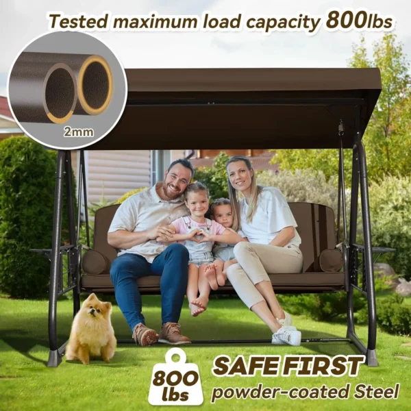 3 in 1 Outdoor Porch Swing with Adjustable Canopy, 3 Seat Outdoor Swing for Adults, Patio Swing Chair with Thickened Cushions - Image 2