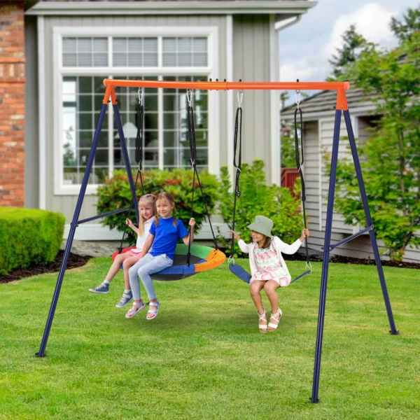 Outdoor Swing Set with 440lbs Capacity, Round Saucer Swing On Heavy - Duty Metal A - Frame, Adjustable for Backyard and Park Use
