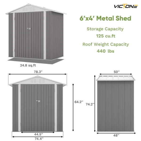 Victone 6' x 4' Metal Outdoor Storage Shed, Steel Utility Tool Shed Storage House with Door & Lock for Backyard Garden, Grey - Image 6