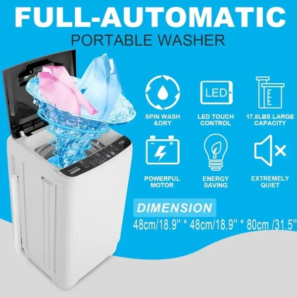Nictemaw Portable Washing Machine, 17.6Lbs Capacity Portable Washer with Drain Pump, 10 Wash Programs LED Display 8 Water Levels - Image 2