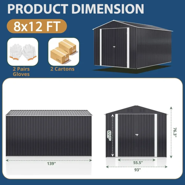 Outdoor Steel Storage Shed with Updated Frame Structure and Lockable Doors, Metal Shed Upgrade Height Ideal for Garden, - Image 4