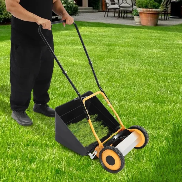 14-Inch Manual Reel Mower 5-Blade Push Cordless Lawn Mower with Rear Collection Box Walk-Behind Lawn for Yards Park Greening